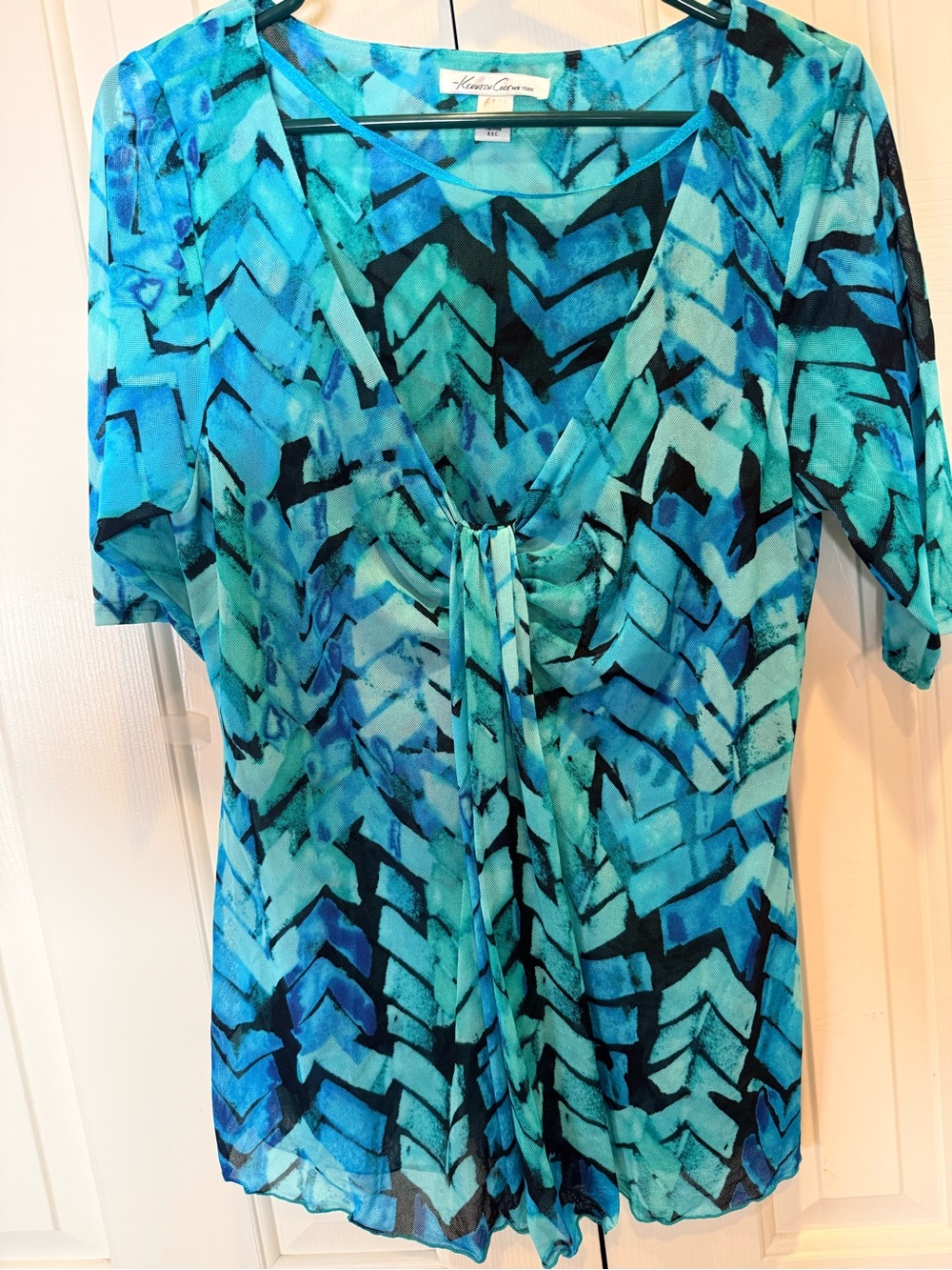 Kenneth Cole New York Teal & Black Sz Large Sheer V-Neck Tie-Front Blouse